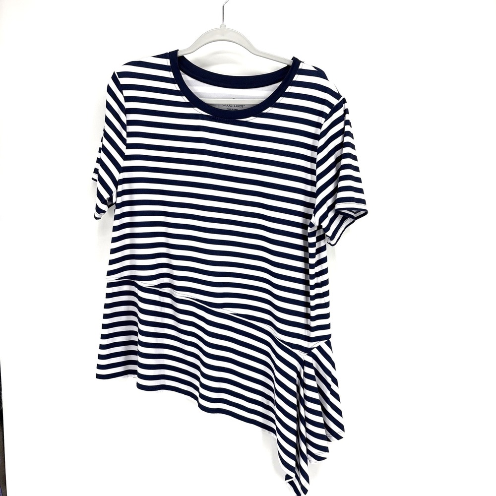 Cuddl Duds Flexwear Asymmetric Hem Shirt Womens Large Navy Stripe